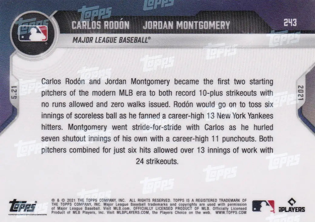 Back of 2021 Topps Now #243 Carlos Rodon- MLB baseball card showcasing player stats