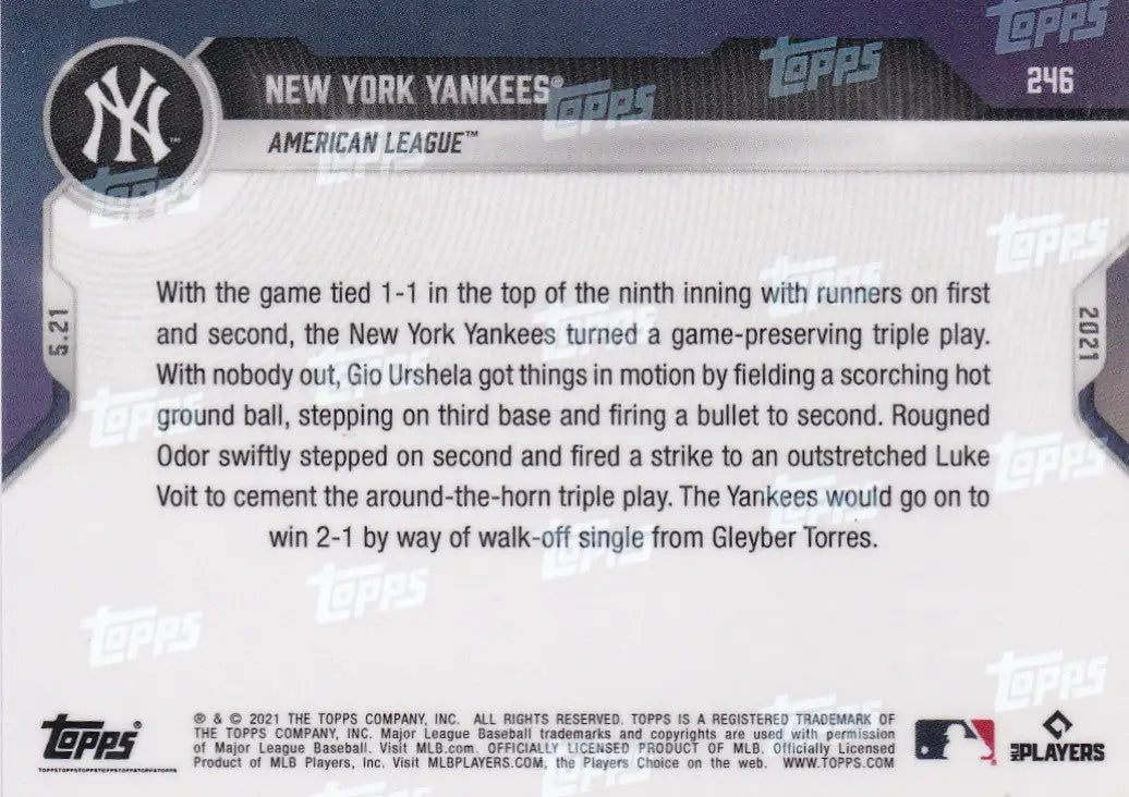 Back of 2021 TOPPS NOW #246 New York Yankees - American League baseball card