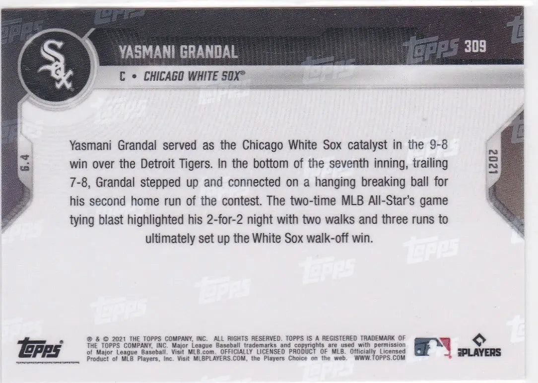Yasmani Grandal baseball card from 2021 Topps Now featuring Chicago White Sox design