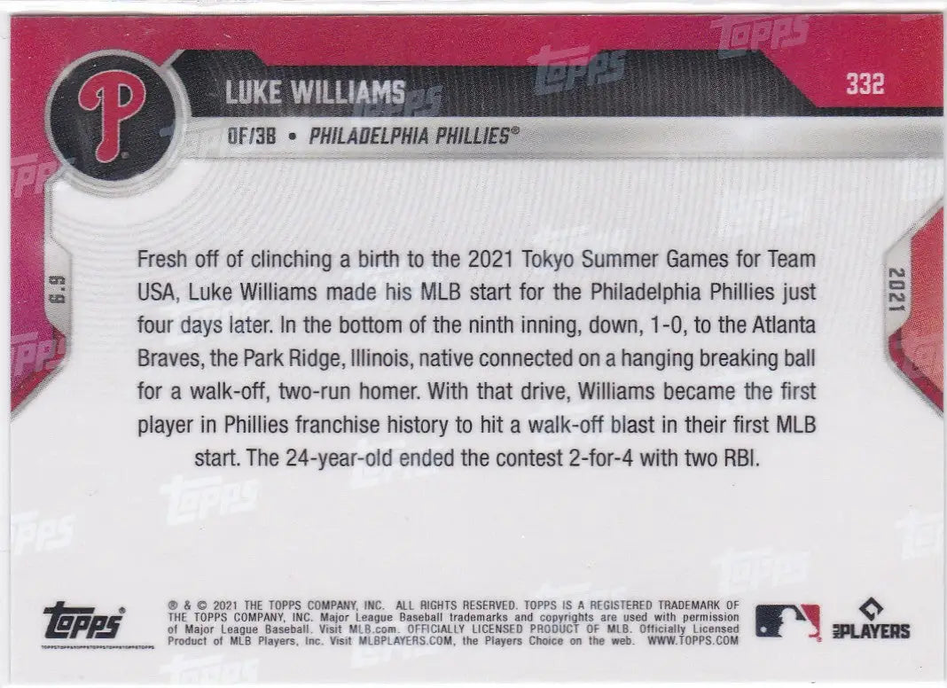 Luke Williams baseball card from 2021 Topps Now featuring Philadelphia Phillies player