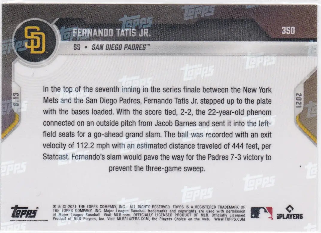 2021 TOPPS NOW #350 FERNANDO TATIS JR- SAN DIEGO PADRES - Baseball Card Single