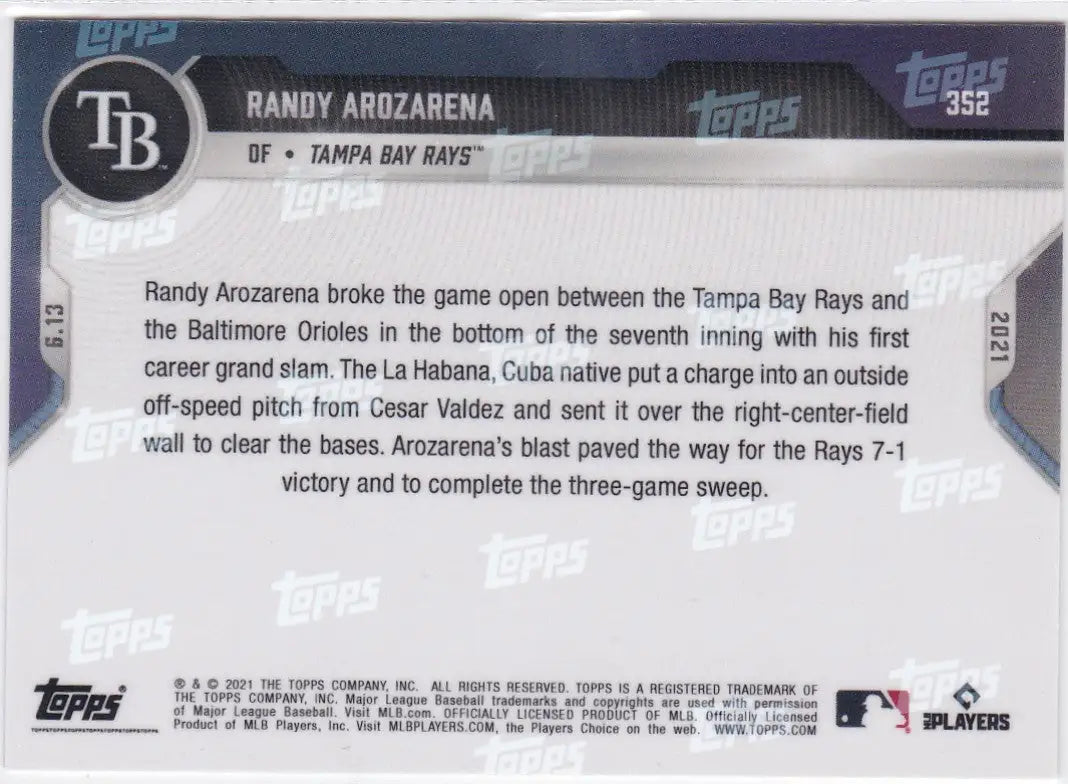 Back of the 2021 Topps Now #352 Randy Arozarena card for Tampa Bay Rays fans