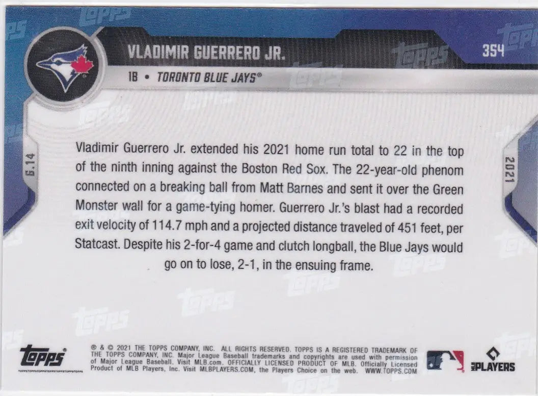 Back of 2021 Topps Now #354 Vladimir Guerrero Jr. Toronto Blue Jays baseball card