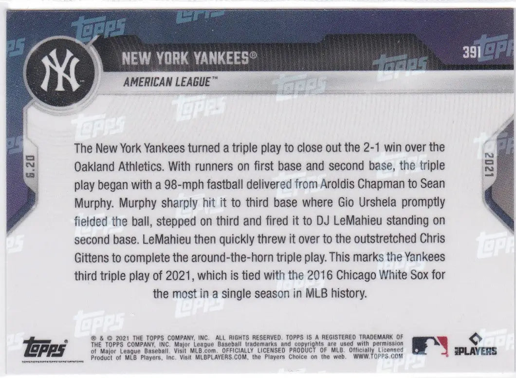 Back view of 2021 Topps Now #391 New York Yankees American League Baseball card