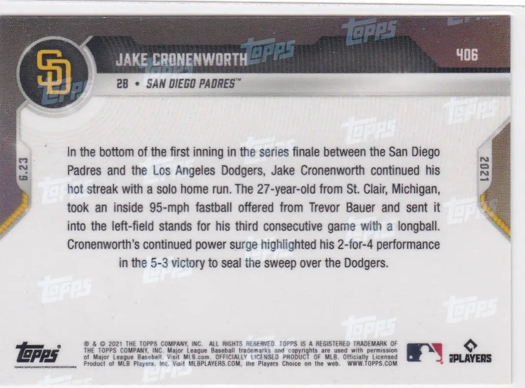 Back of 2021 TOPPS NOW #406 Jake Cronenworth baseball card for San Diego Padres fans