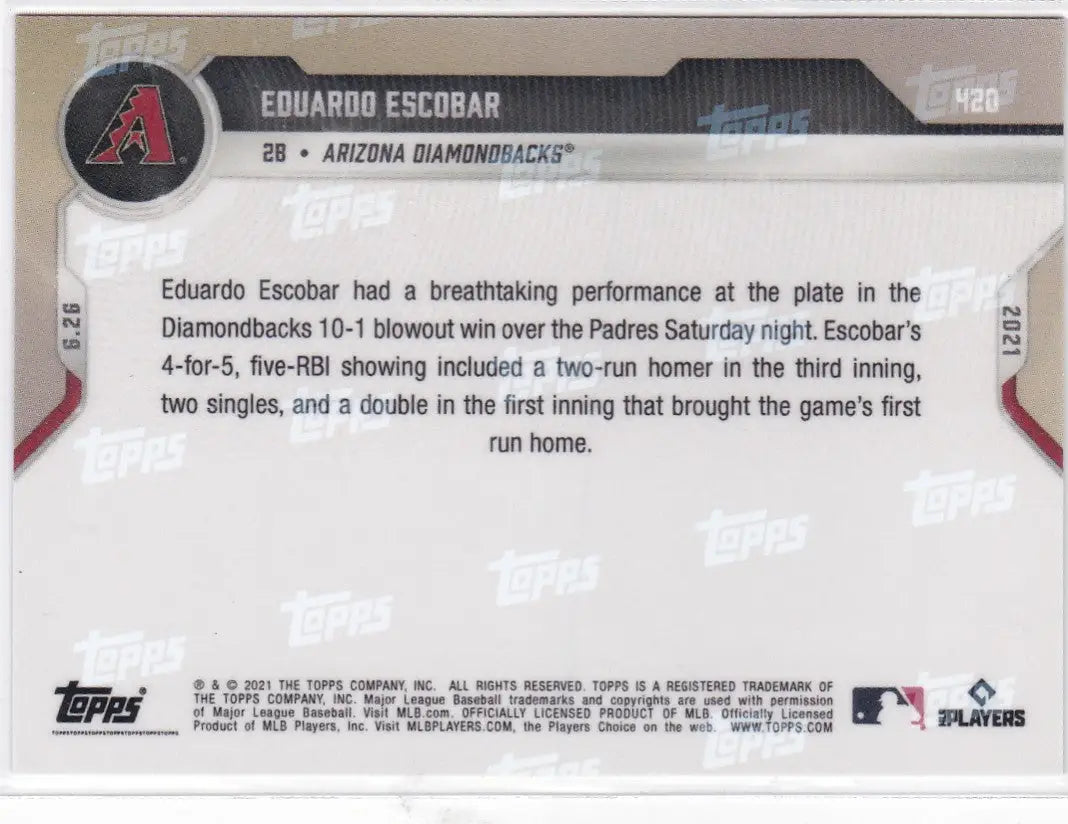 Back of 2021 Topps Now #420 Eduardo Escobar - Arizona Diamondbacks baseball card