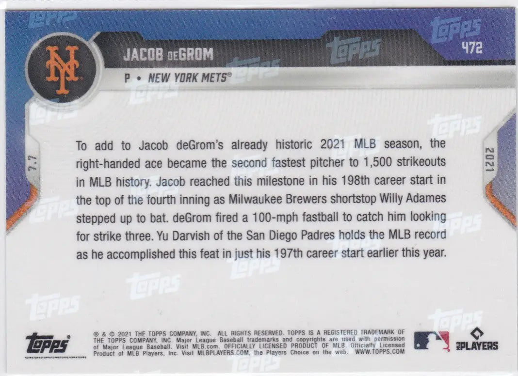 Back of 2021 Topps Now Jacob deGrom trading card with New York Mets details