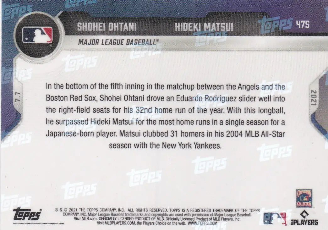 Back of 2021 Topps Now #475 Shohei Ohtani- MLB baseball card showcasing player stats