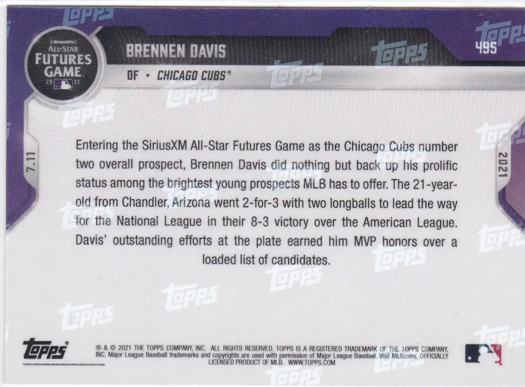 Brennen Davis baseball card back from 2021 TOPPS NOW for Chicago Cubs fans