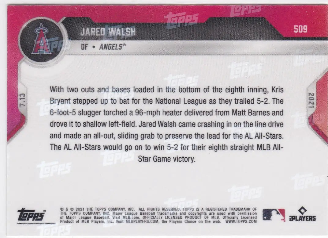 Back of the 2021 Topps Now #509 Jared Walsh- Angels baseball card