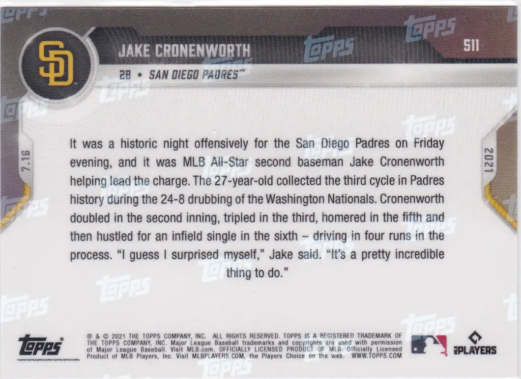 Jake Cronenworth baseball card 2021 TOPPS NOW #511 San Diego Padres collectible