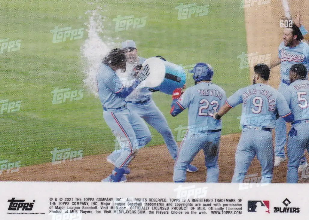Baseball team celebrating a win featuring Jonah Heim - Texas Rangers 2021 Topps Now card