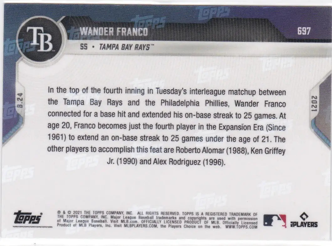 Back of 2021 TOPPS NOW #697 Wander Franco baseball card featuring Tampa Bay Rays details