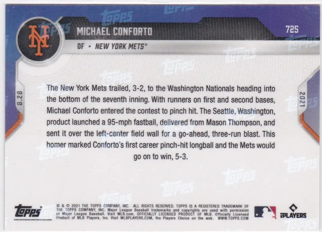 Baseball card back featuring Michael Conforto of the New York Mets from 2021 TOPPS NOW