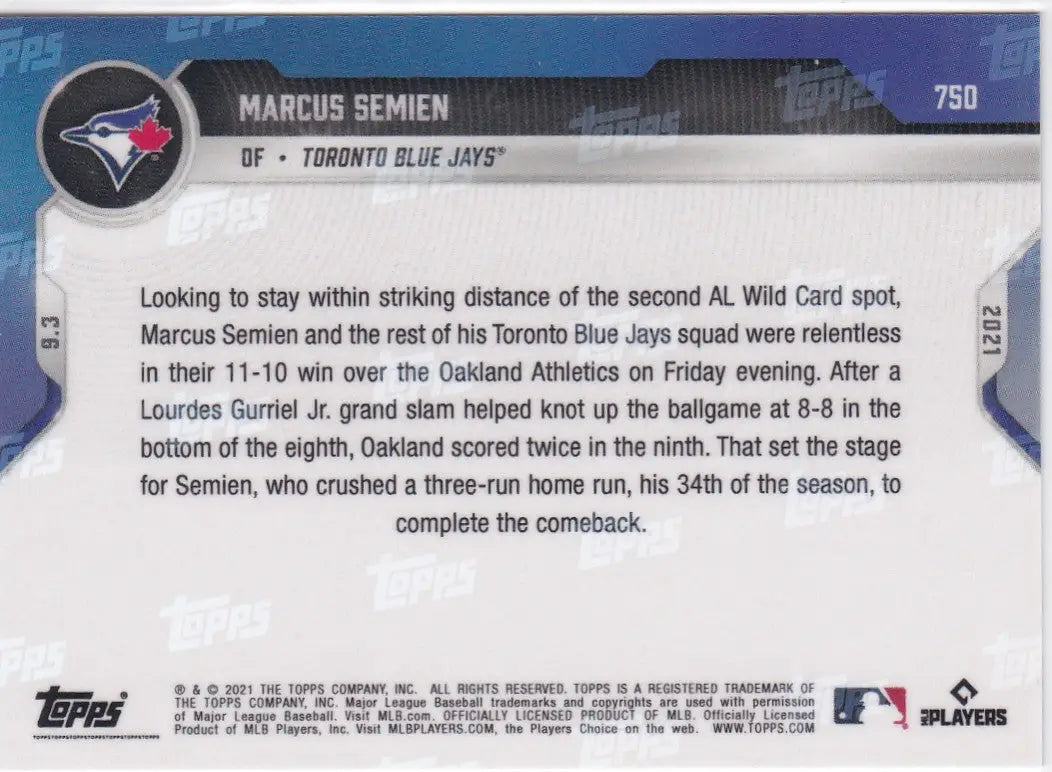 Baseball card back for 2021 TOPPS NOW Marcus Semien Toronto Blue Jays collectible