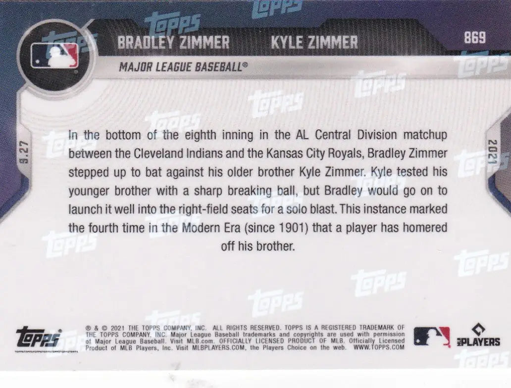 Baseball card back featuring Bradley Zimmer- MLB from 2021 TOPPS NOW #869