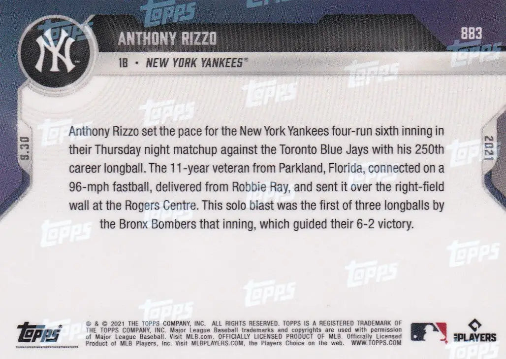 Baseball card back from 2021 TOPPS NOW featuring Anthony Rizz of the New York Yankees