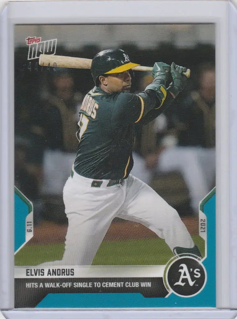 Baseball card of Elvis Andrus swinging for the Oakland Athletics 44/49 Topps Now Parallel