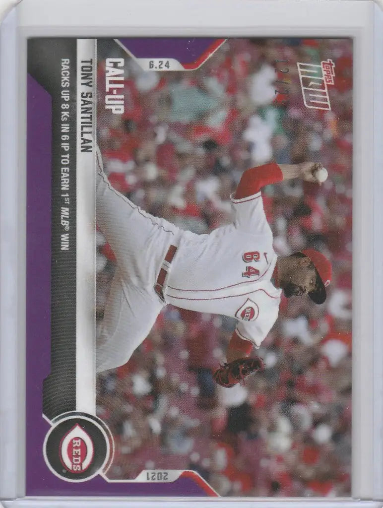 Baseball trading card of Tony Santillan, Cincinnati Reds pitcher mid-delivery