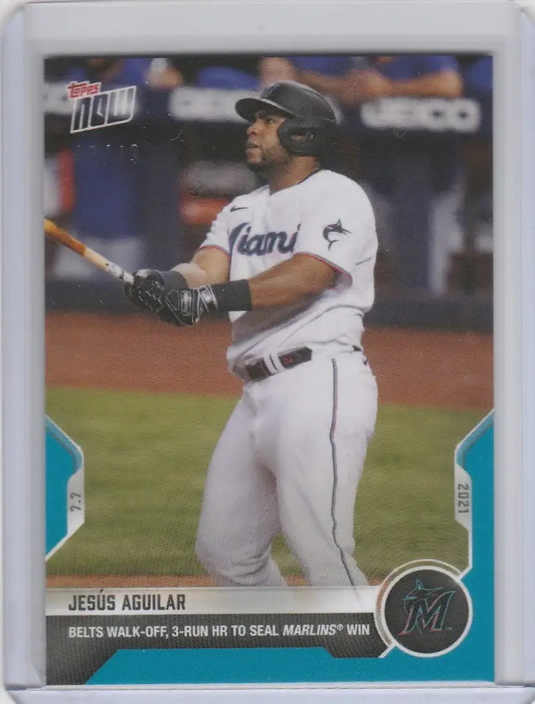 Baseball card of Jesus Aguilar Miami Marlins at bat from 2021 Topps Now Parallel