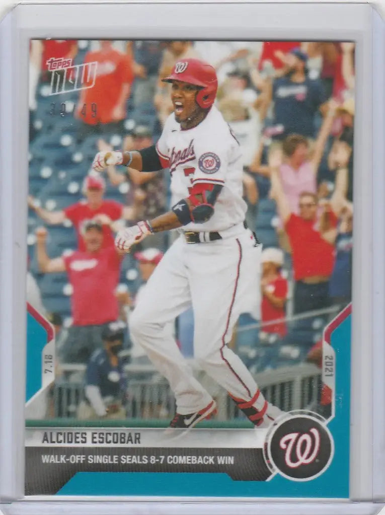 Baseball card of Alcides Escobar celebrating for Washington Nationals in Topps Now Parallel