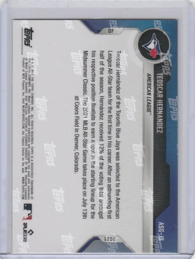 Baseball trading card of Teoscar Hernandez Blue Jays with team logo and stats