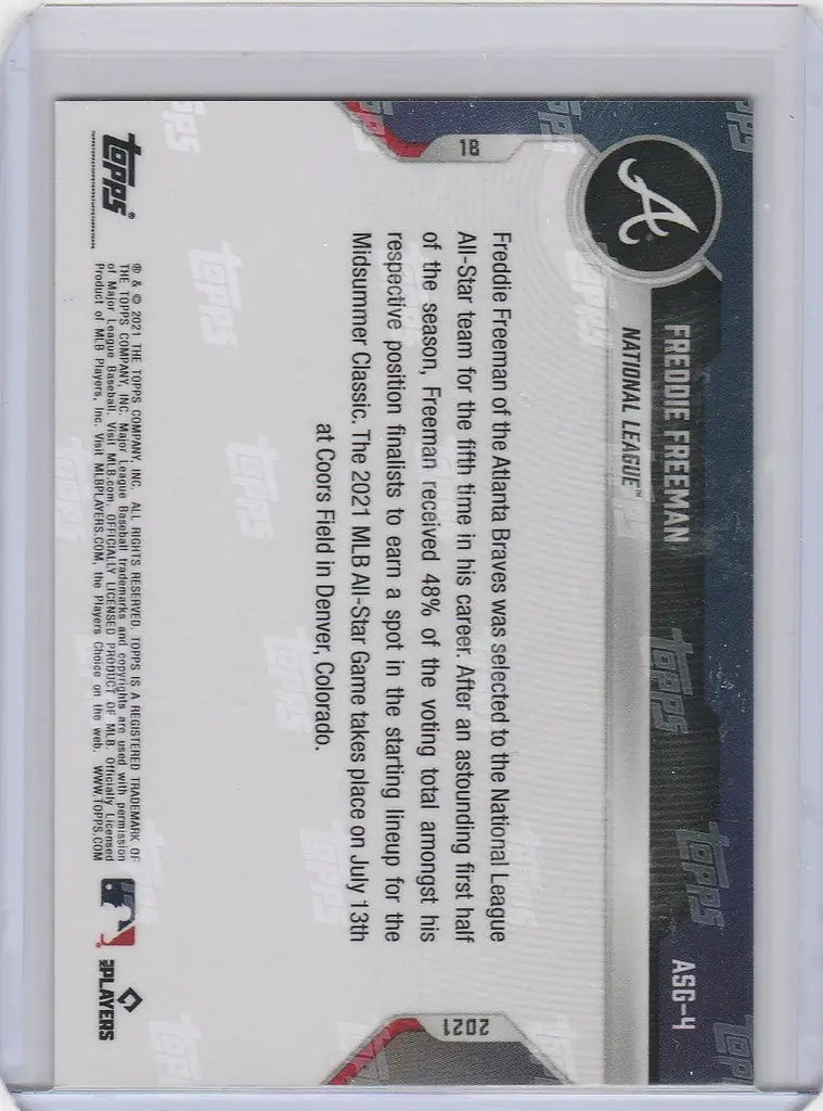 Back side of 2021 Topps Now Platinum All Star Game Freddie Freeman Atlanta Braves card