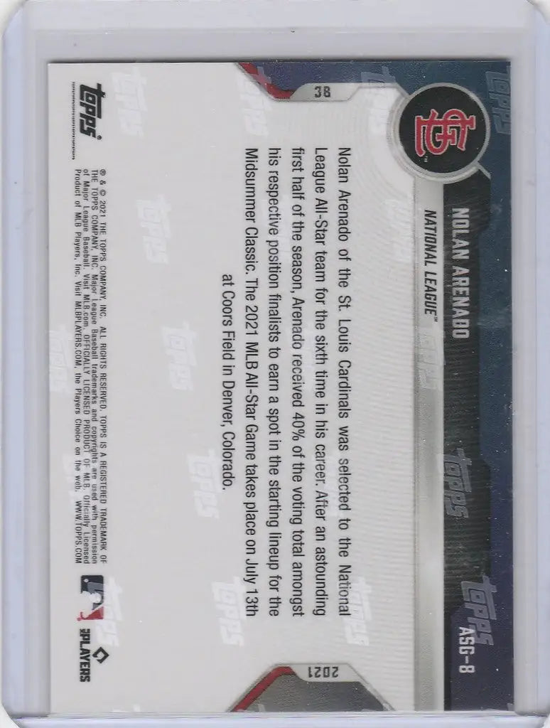 Football trading card of Nolan Arenado featuring St Louis Cardinals All Star Game stats