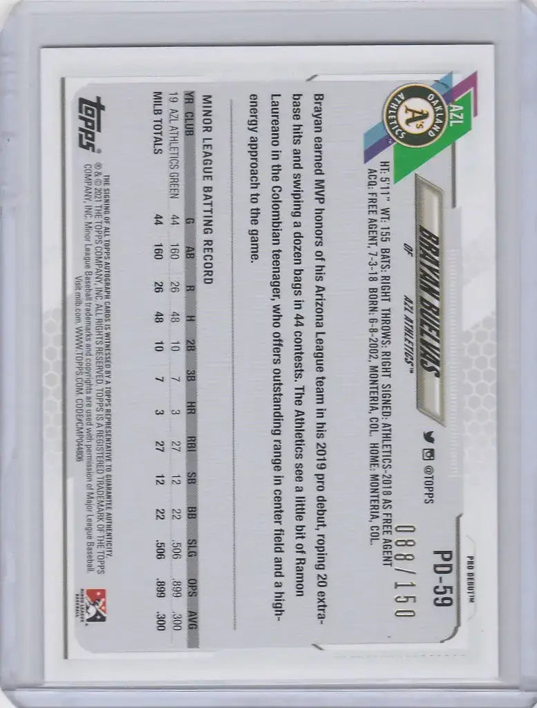2021 Topps Pro Debut Blue Auto #PD59 Brayan Buelvas Oakland Athletics 88/150 - Baseball Card Single