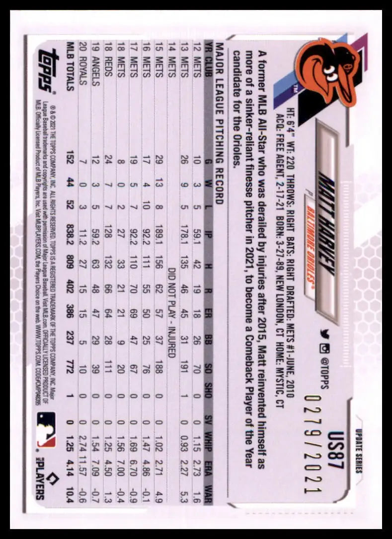 2021 Topps Update - Gold Matt Harvey US87 /2021 Baltimore Orioles NM - Baseball Card Single