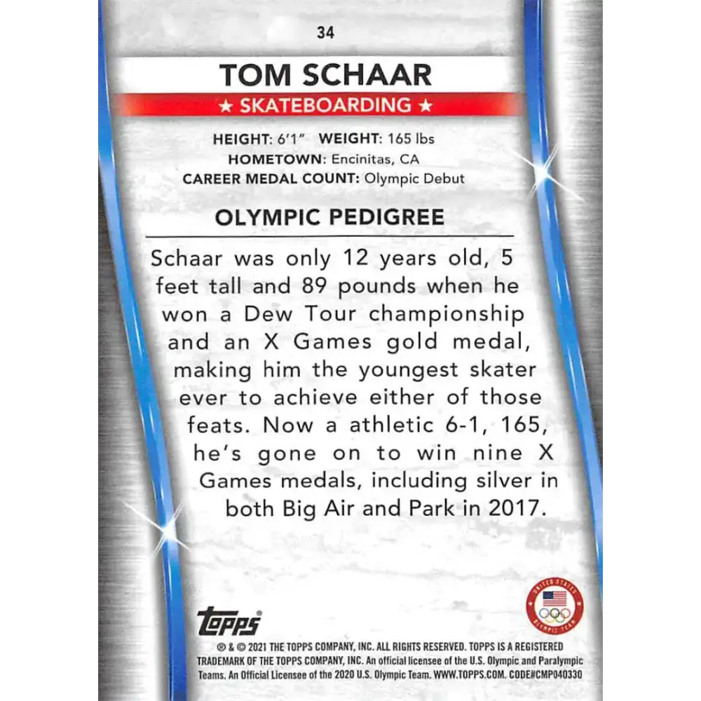 2021 Topps US Olympics and Paralympics Team Hopefuls NM-MT #34 Tom Schaar Skateboarding Card - Other