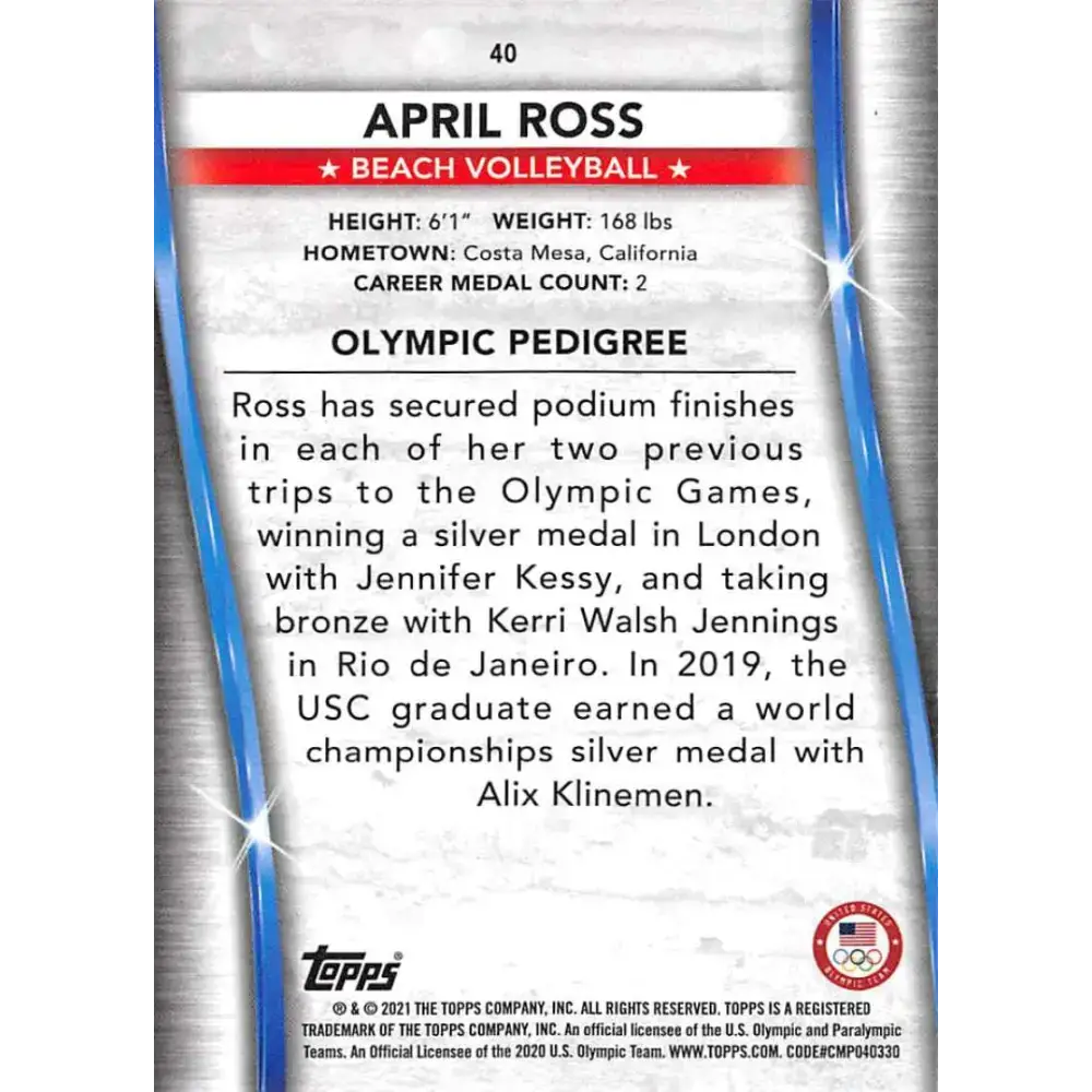 2021 Topps US Olympics and Paralympics Team Hopefuls NM-MT #40 April Ross Beach Volleyball Card - Sports Memorabilia