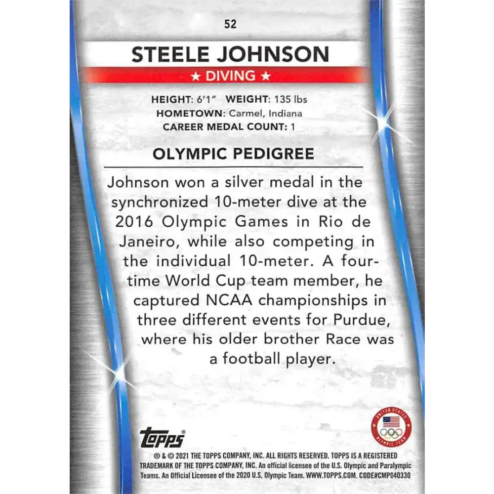 2021 Topps US Olympics and Paralympics Team Hopefuls NM-MT #52 Steele Johnson Diving Card - Sports Memorabilia