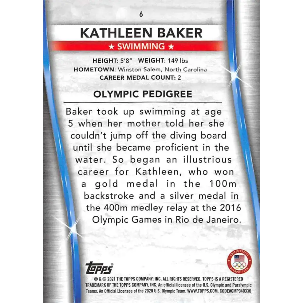 2021 Topps US Olympics and Paralympics Team Hopefuls NM-MT #6 Kathleen Baker Swimming Card - Sports Card Single
