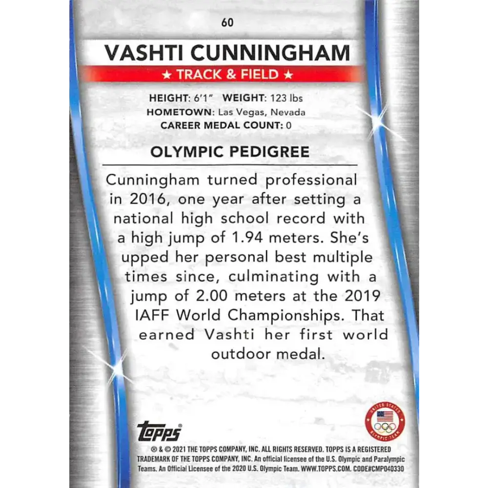 2021 Topps US Olympics and Paralympics Team Hopefuls NM-MT #60 Vashti Cunningham Track & Field Card - Other