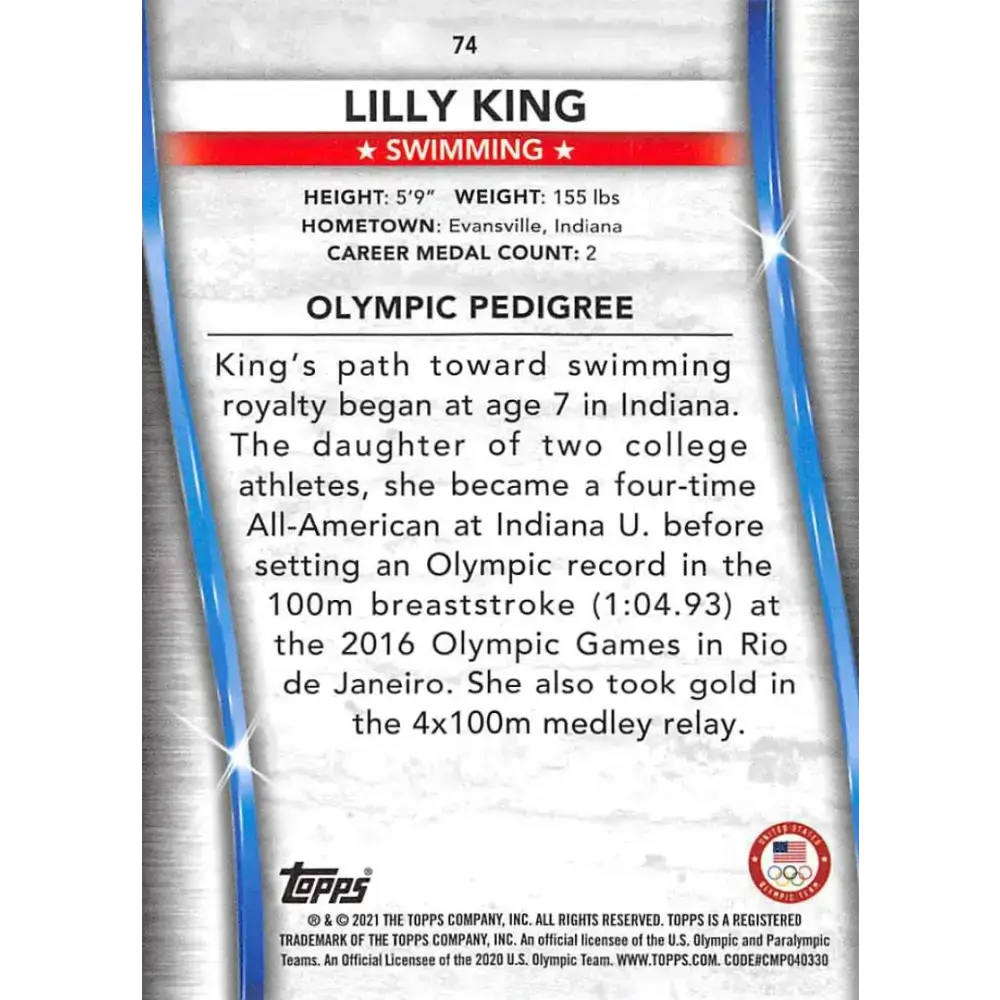 2021 Topps US Olympics and Paralympics Team Hopefuls NM-MT #74 Lilly King Swimming Card - Sports Memorabilia