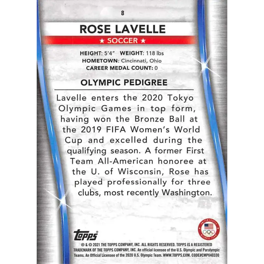 2021 Topps US Olympics and Paralympics Team Hopefuls NM-MT #8 Rose Lavelle Soccer Card - Soccer Card Single