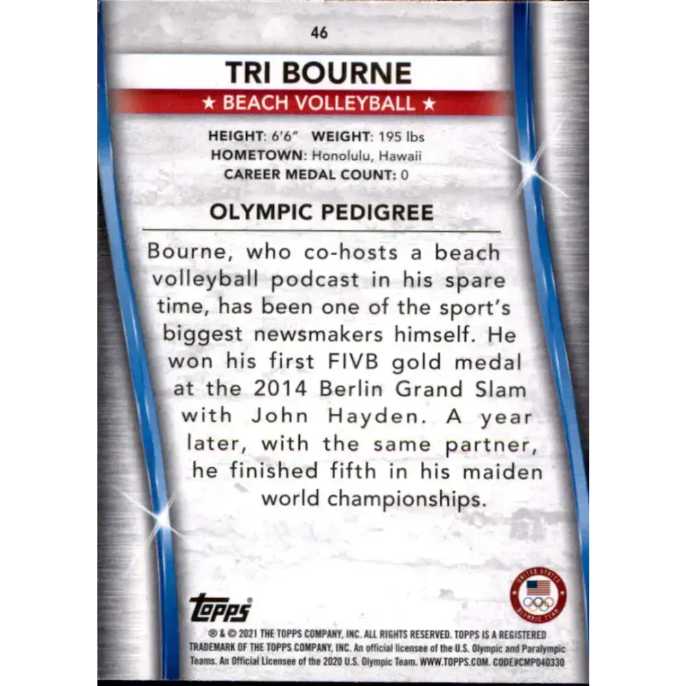 2021 Topps US Olympics Bronze #46 Tri Bourne NM-MT Beach Volleyball Card - Sports Memorabilia