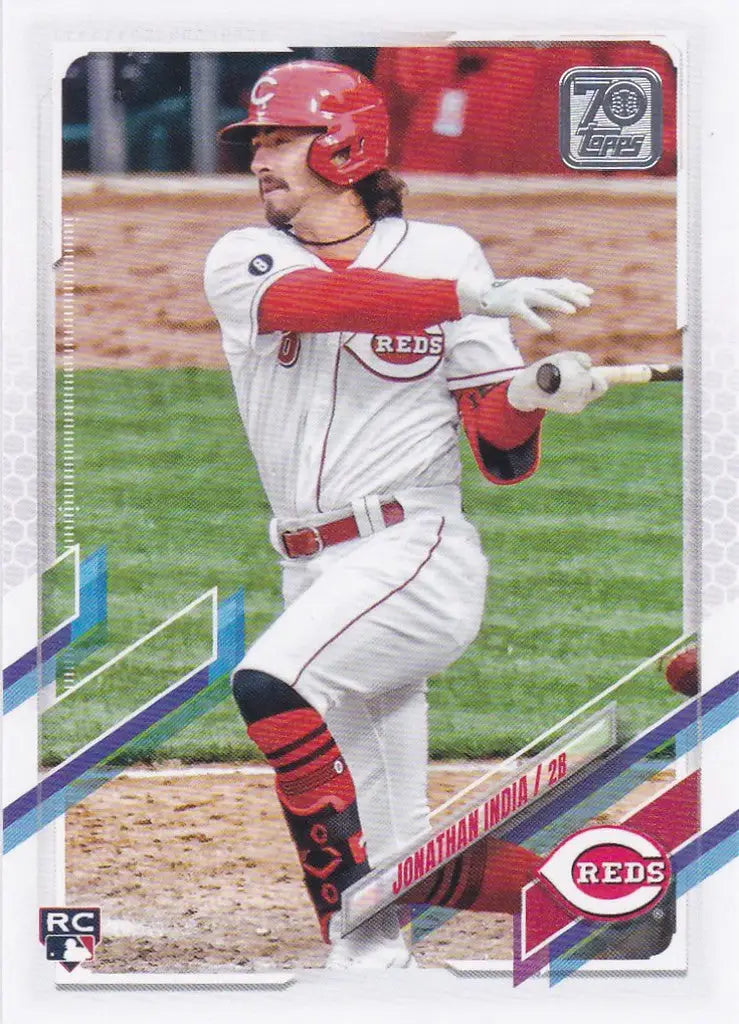 Baseball player in Cincinnati Reds uniform swinging bat, US286 Jonathan India RC