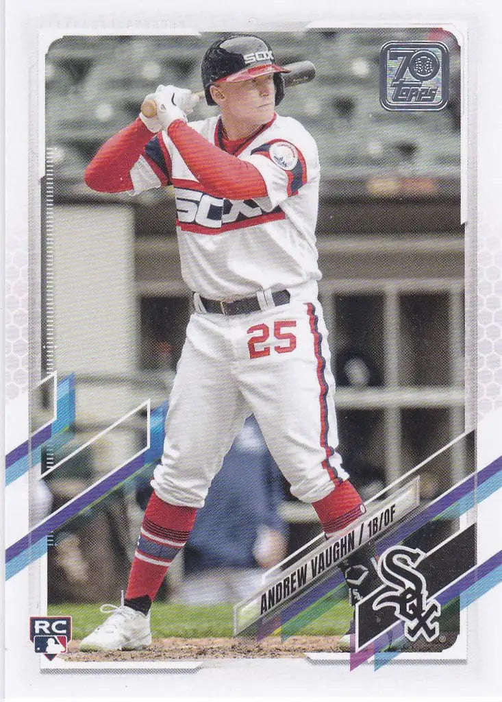 Baseball card of US312 Andrew Vaughn RC Chicago White Sox in batting stance