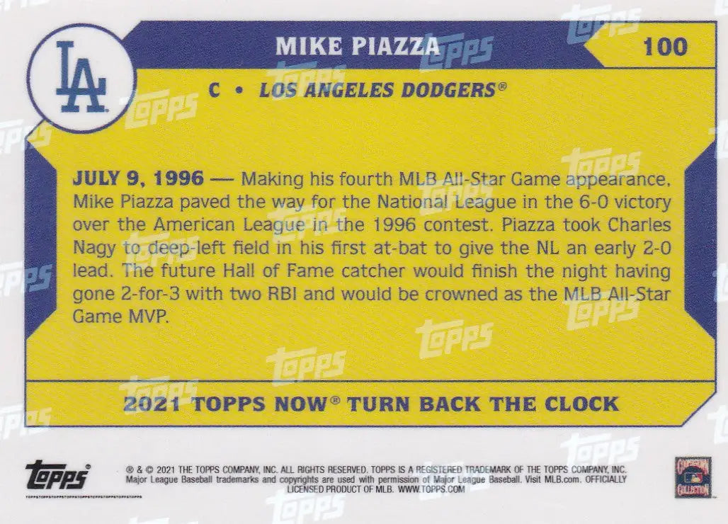 2021 TURN BACK THE CLOCK #100 MIKE PIAZZA- LOS ANGELES DODGERS - Baseball Card Single