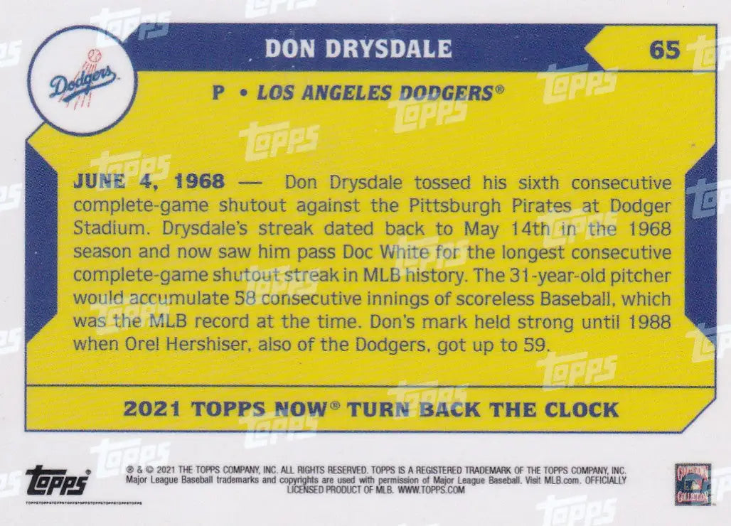 2021 TURN BACK THE CLOCK #65 DON DRYSDALE- LOS ANGELES DODGERS - Baseball Card Single