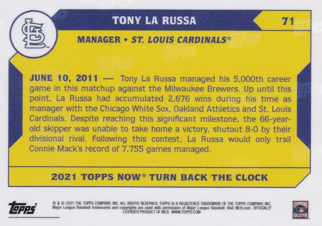 2021 TURN BACK THE CLOCK #71 TONY LA RUSSA- ST LOUIS CARDINALS - Baseball Card Single