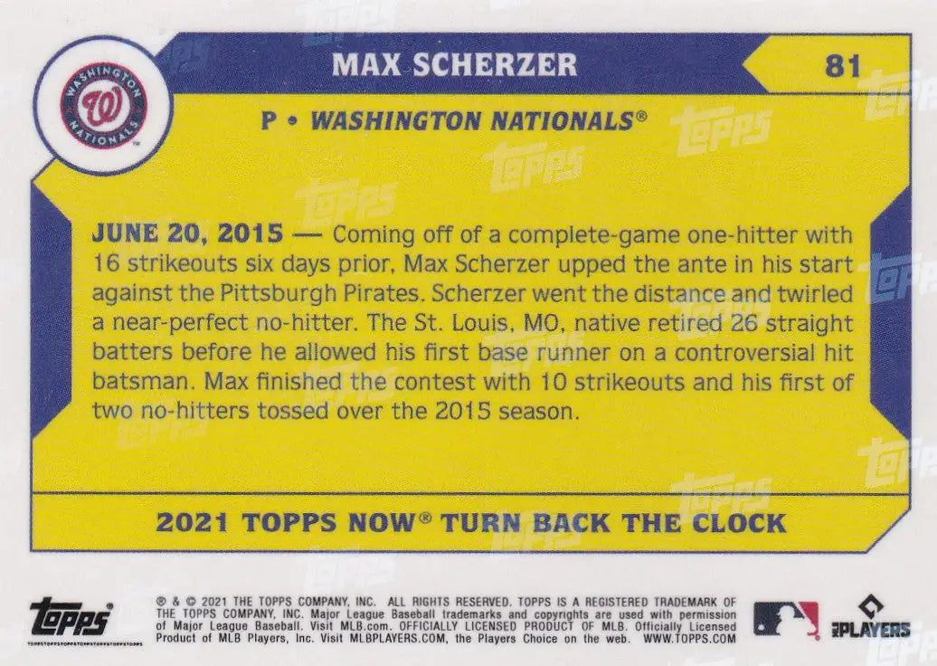 2021 TURN BACK THE CLOCK #81 MAX SCHERZER- WASHINGTON NATIONALS - Baseball Card Single