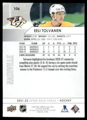2021 Upper Deck Eeli Tolvanen #106 - Hockey Card Single