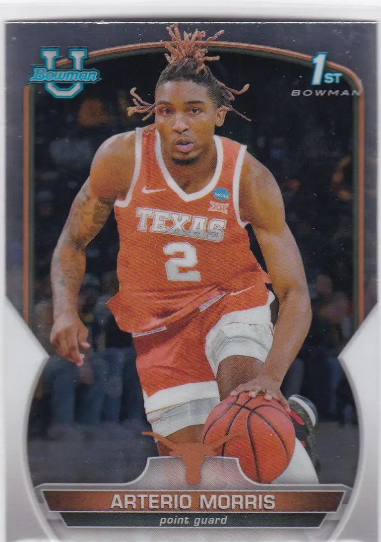 Basketball trading card of Arterio Morris Texas dribbling in orange Bowman Chrome jersey