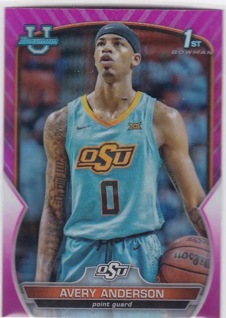 Basketball trading card of Avery Anderson Oklahoma in light blue OSU jersey number 0