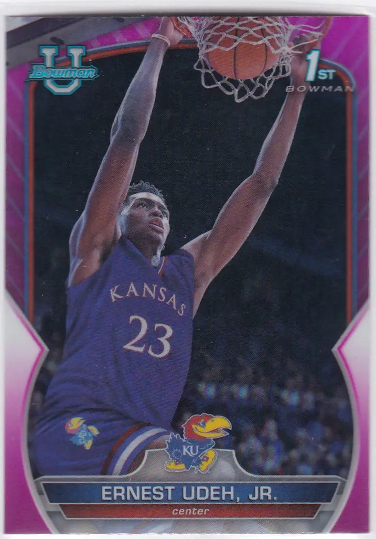 Basketball trading card of Ernest Udeh Jr Kansas in purple jersey dunking ball, Bowman Chrome University Pink