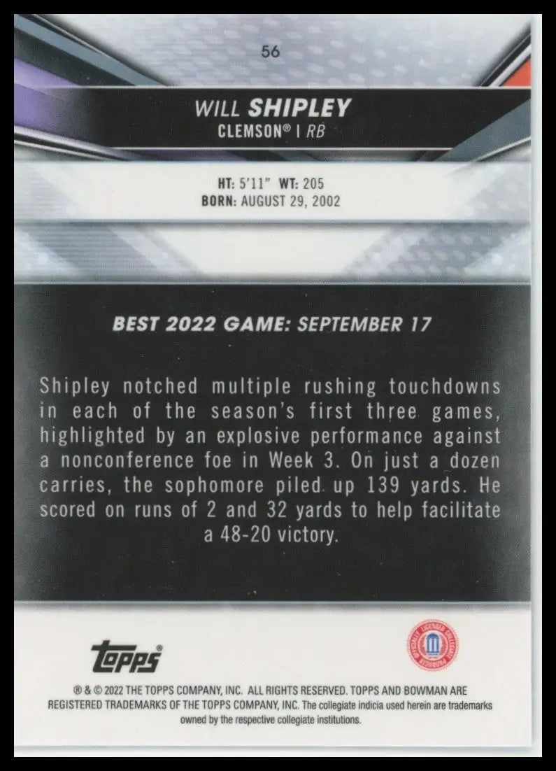 2022-23 Bowman’s Best University - Will Shipley #56 (RC)
