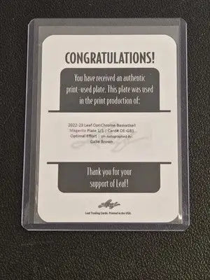 2022-23 Leaf Optichrome Gabe Brown Optimal Effort Magenta Plate Un-Auto #1/1 - Hockey Card Single